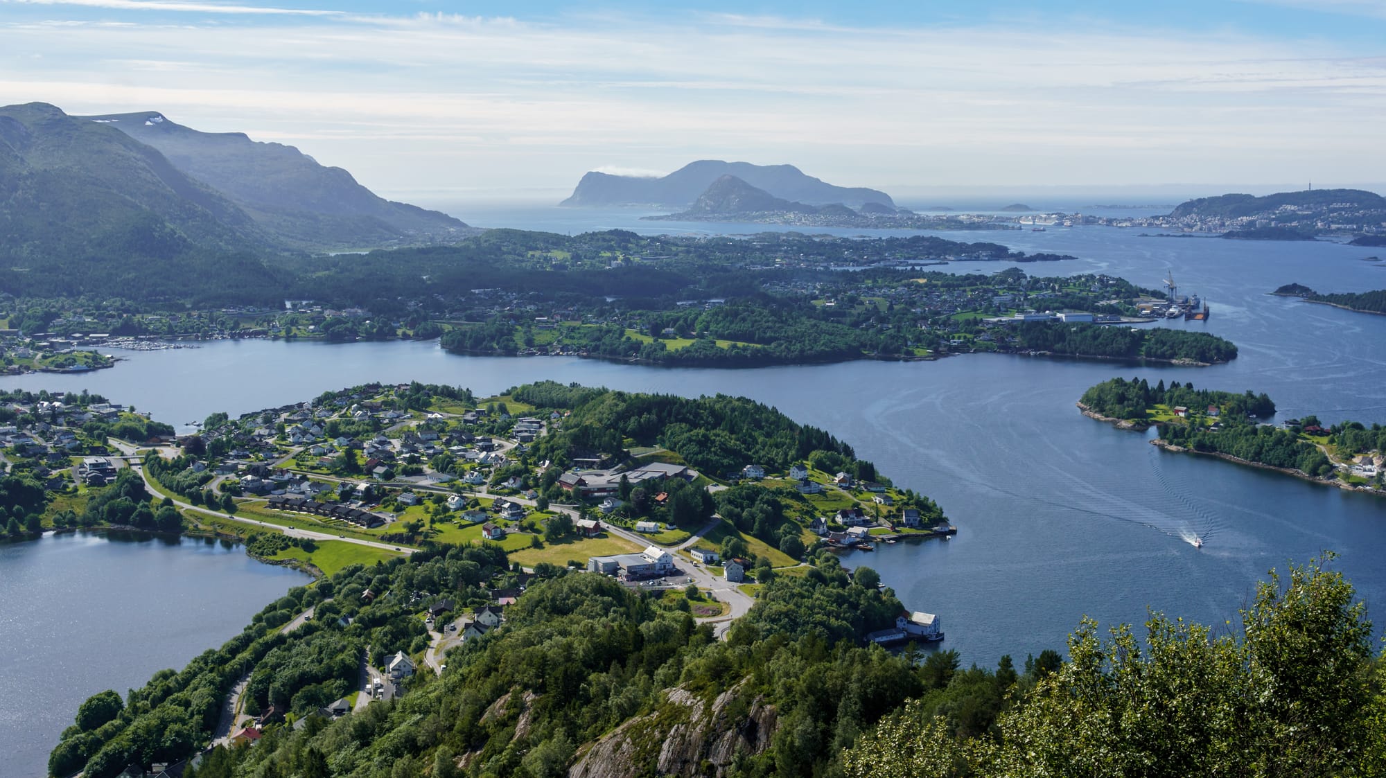An elevated view over the islands and waterways of the Sunnmøre coast near Ålesund
